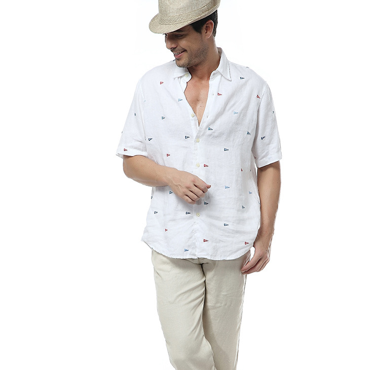 汤河之家2018夏季青年宽松短袖新时尚潮流白色亚麻衬衫男式短袖衬衫
