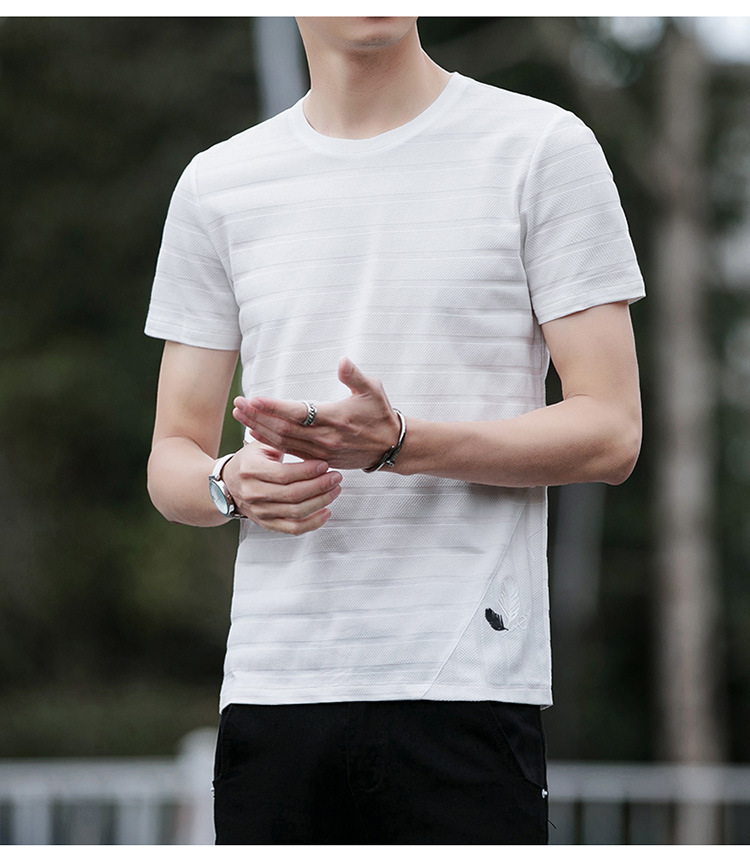 汤河之家2018夏季新款男士韩版短袖打底衫夏季修身圆领休闲时尚条纹T恤