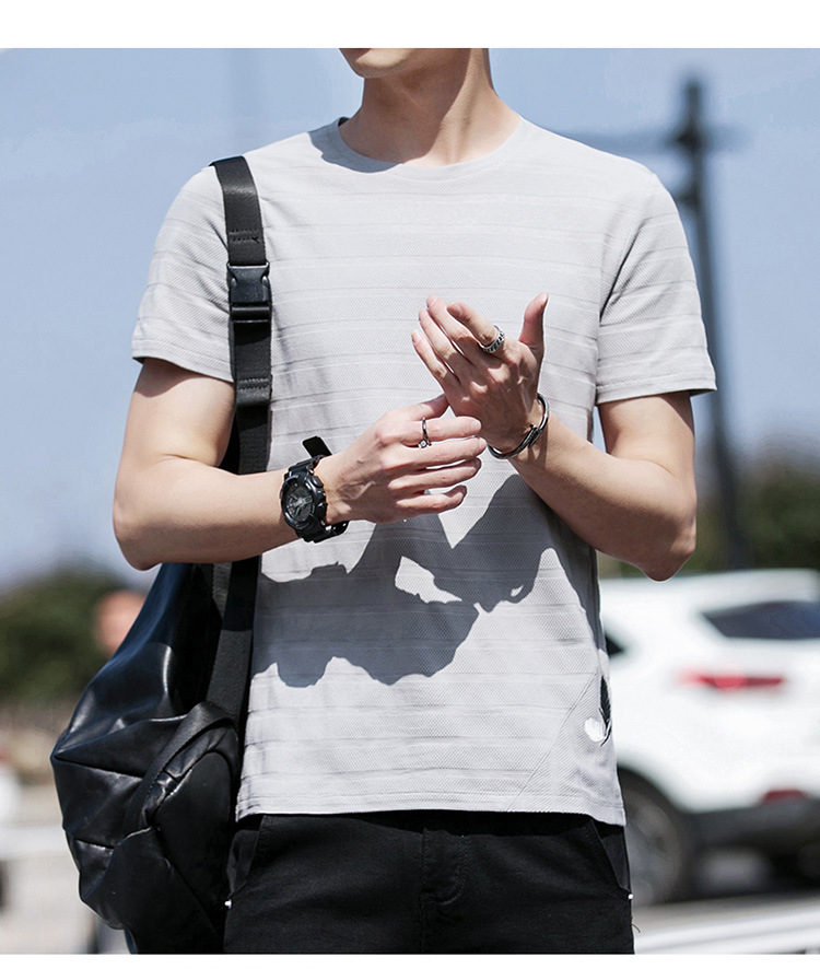 汤河之家2018夏季新款男士韩版短袖打底衫夏季修身圆领休闲时尚条纹T恤