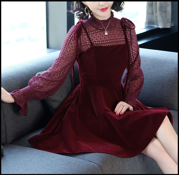 施悦名酒红色蕾丝连衣裙女秋季2018新款套装裙短款小礼服吊带裙子
