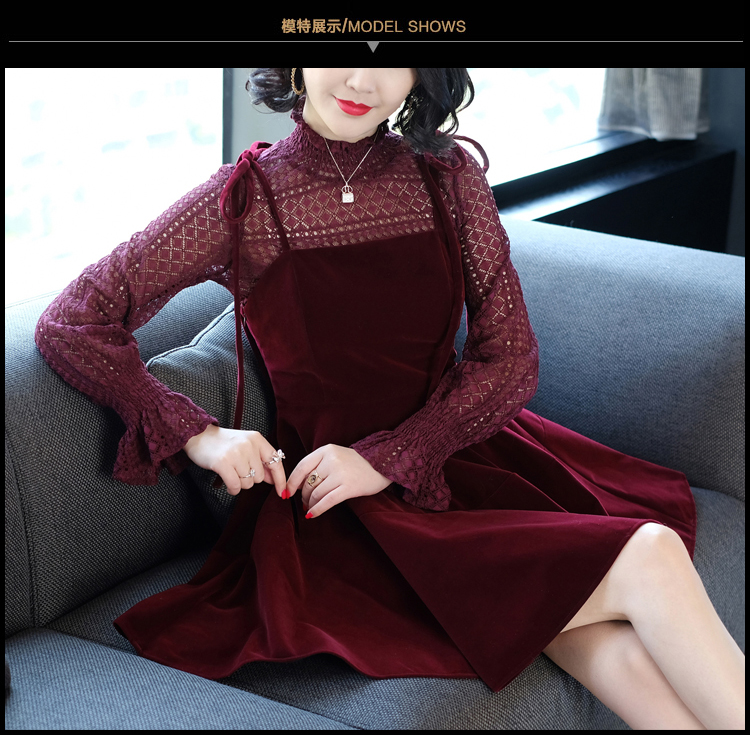 施悦名酒红色蕾丝连衣裙女秋季2018新款套装裙短款小礼服吊带裙子