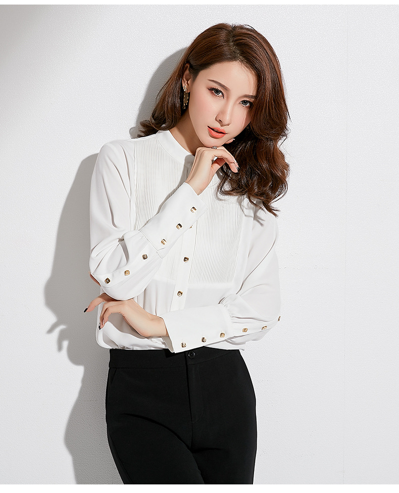 施悦名2018秋季新款品牌女装韩版气质优雅上衣女长袖立领纯色压褶衬衫女
