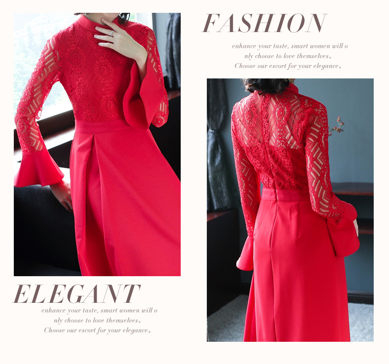 施悦名 气质女装2019春装新款修身蕾丝荷叶袖红色新年装礼服裙