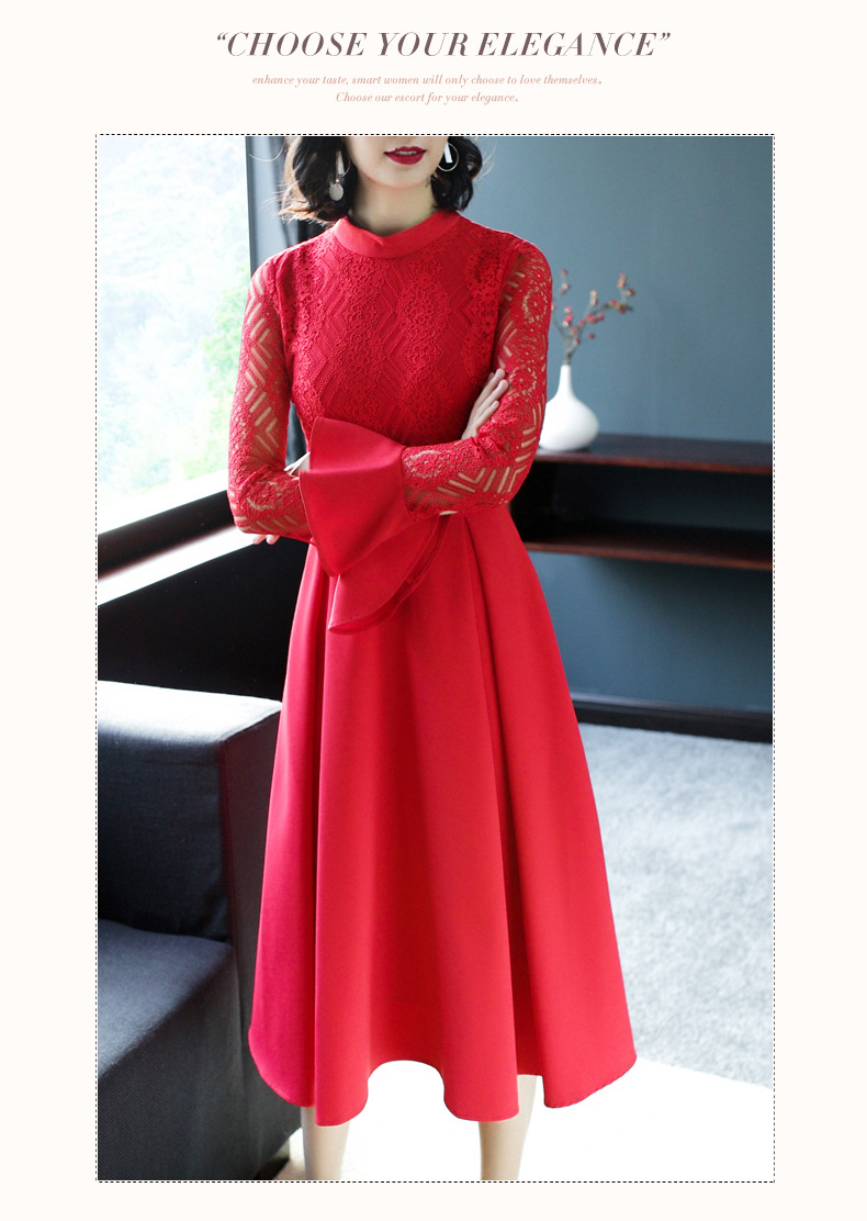 施悦名 气质女装2019春装新款修身蕾丝荷叶袖红色新年装礼服裙