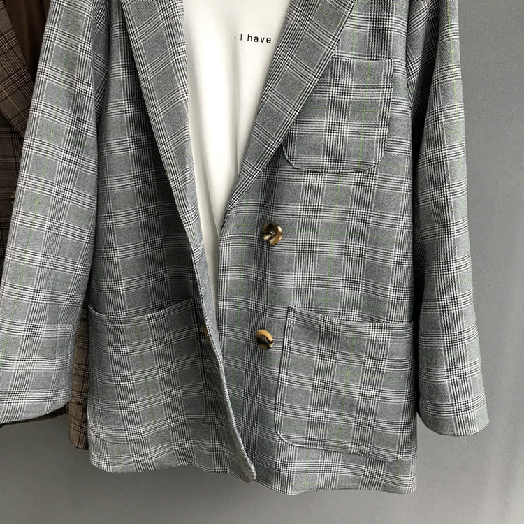 施悦名2019春季新款复古格子女式双排扣chic西装外套