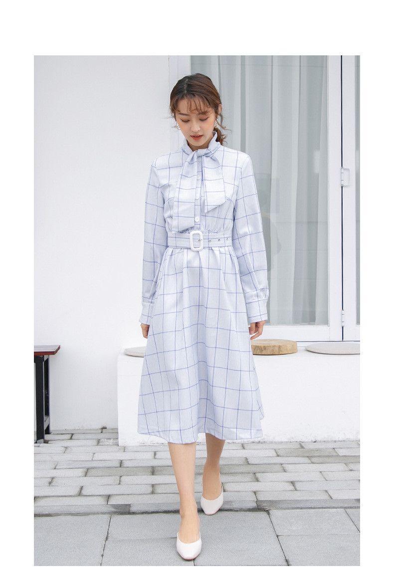 施悦名 衬衫连衣裙女2019年春季韩版新款高腰套头长袖格子中长款衬衣裙子