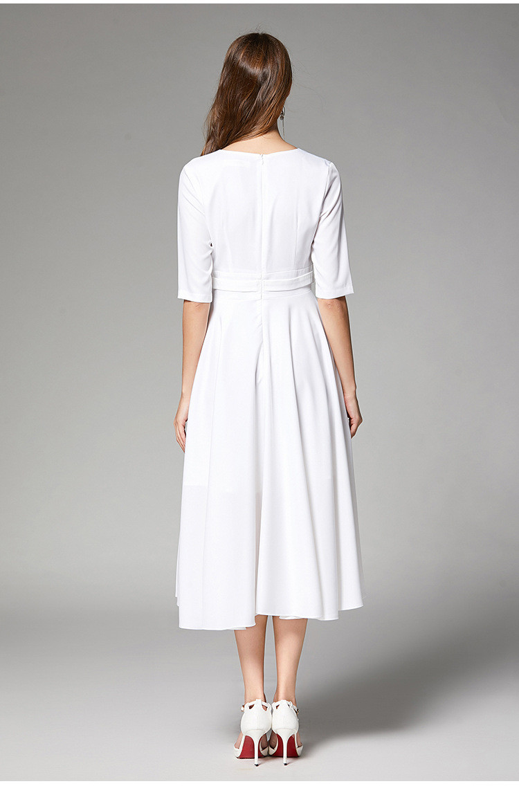 施悦名 2019春季新款中袖连衣裙 张梓琳同款白色修身气质连衣裙大摆长裙