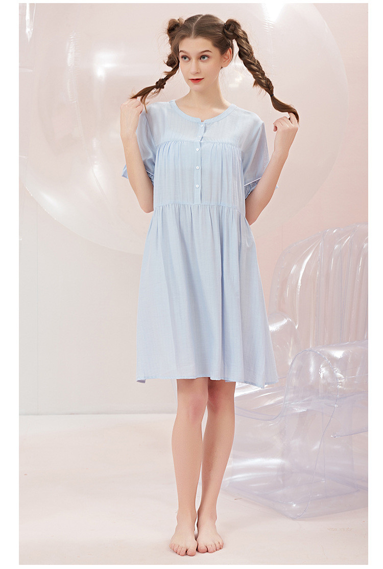 施悦名 夏季新品梭织棉睡裙女士短袖中裙传统经典薄款家居服睡衣女