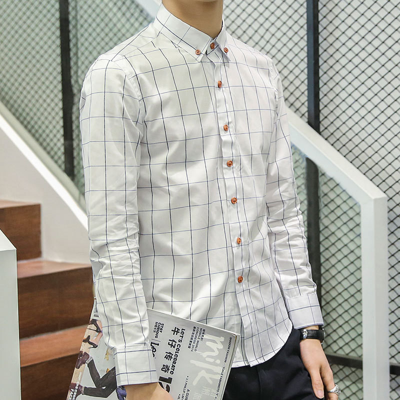 汤河之家 长袖衬衫男士韩版2019新款潮流个性纯棉格子寸衫外套男装帅气上衣