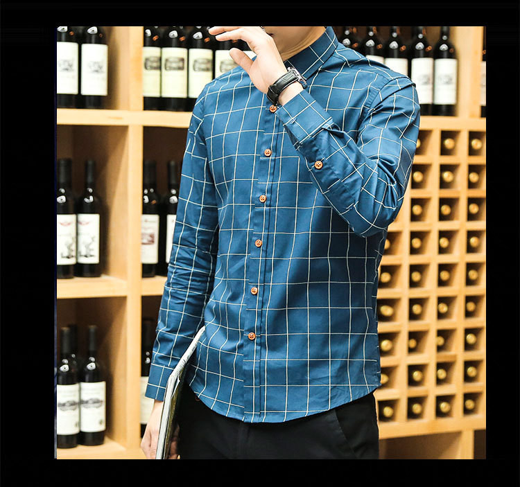 汤河之家 长袖衬衫男士韩版2019新款潮流个性纯棉格子寸衫外套男装帅气上衣