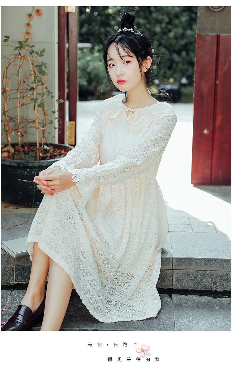 施悦名 蕾丝连衣裙2019春季新款女装韩版花边拼接甜美长袖中长裙