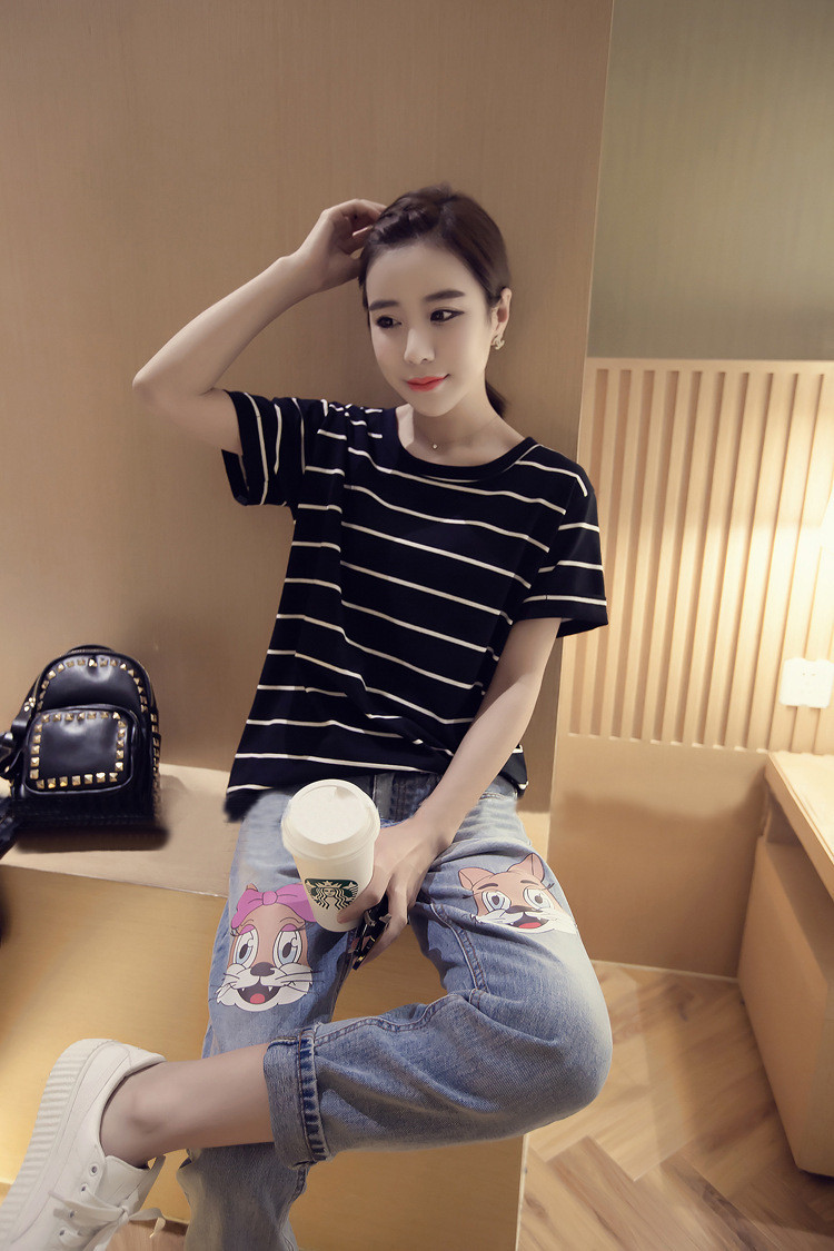施悦名 夏季韩版宽松大码条纹短袖T恤女上衣打底衫外贸女装