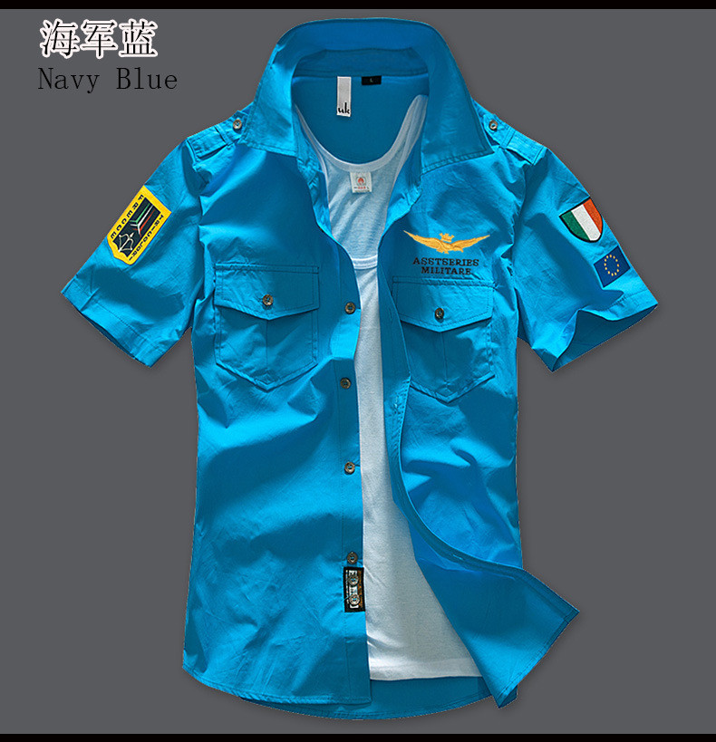 汤河之家 春夏男式空军一号男士夏季短袖衬衫韩版帅气刺绣衬衣修身