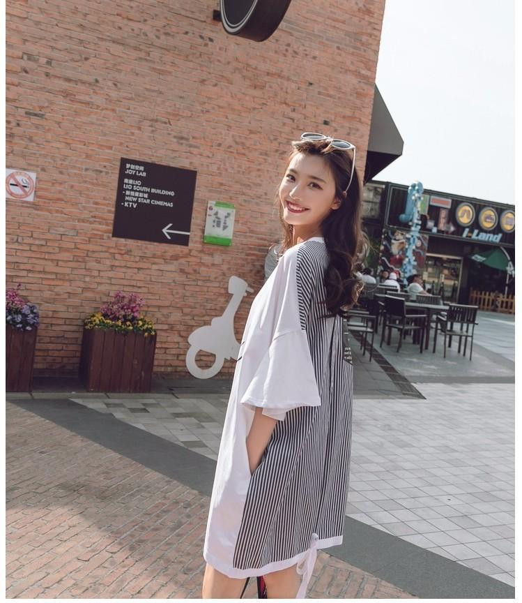 汤河店 2019夏装新款韩版宽松白色套头前后穿短袖印花连衣裙女
