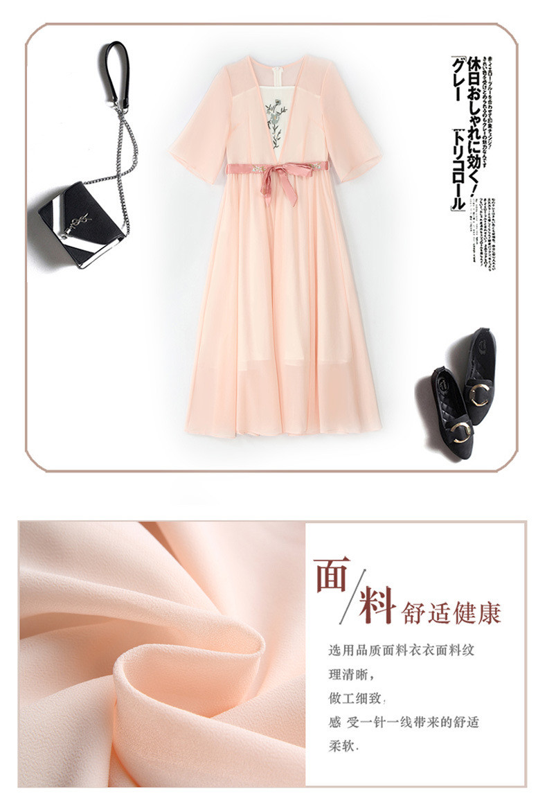 施悦名 2019新款夏装复古汉服刺绣花雪纺连衣裙 配腰带A