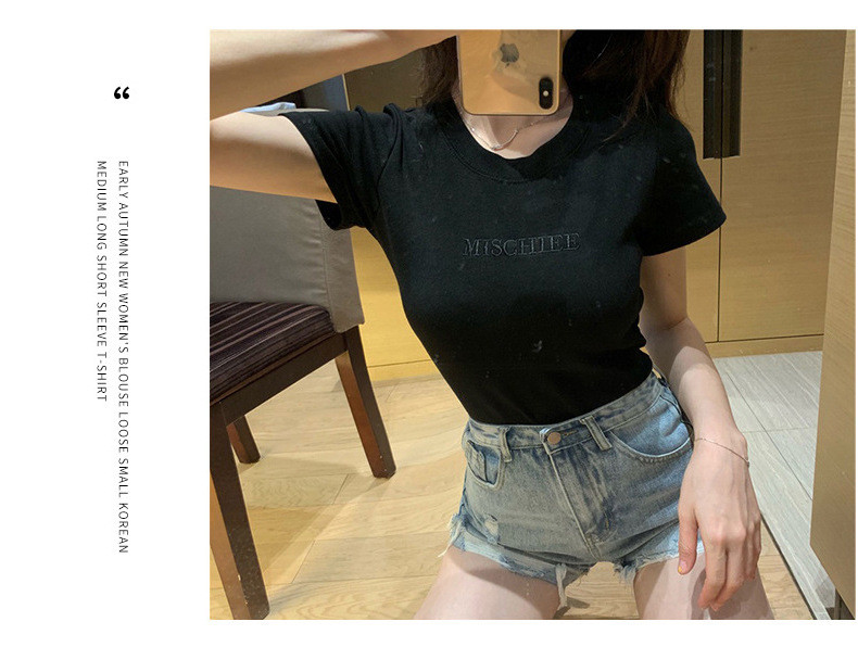 施悦名 字母刺绣2020夏装韩国新款短袖T恤女修身学生衣服女上衣女装A