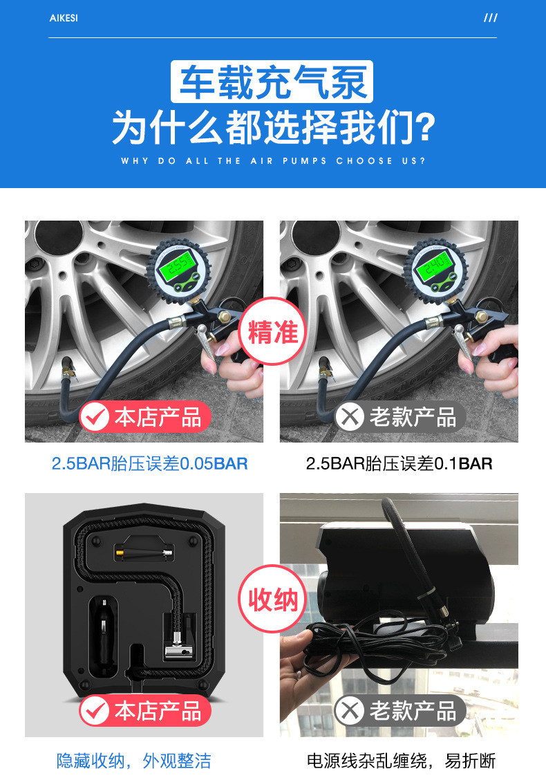 汤河店 艾可斯车载充气泵数显照明 汽车打气泵车用12v便携式轮胎打气筒a