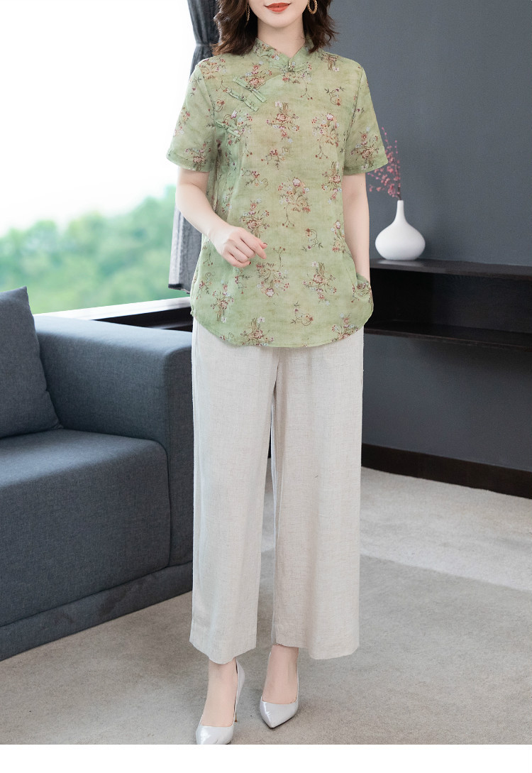洋湖轩榭 中老年女装大码短袖套装2021夏季新款40岁中年妈妈时尚苎麻两件套