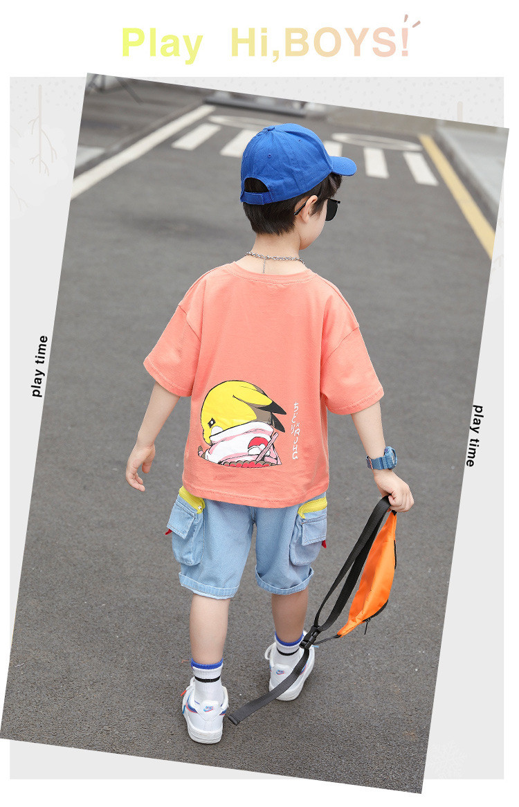 洋湖轩榭 儿童夏季套装2021年男中大童棉纺卡通字母印花短袖两件套潮范童装