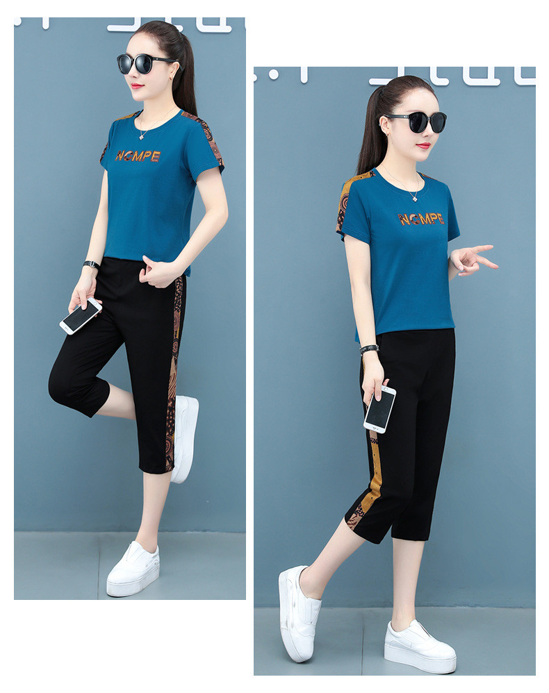 施悦名 休闲运动套装女夏2021新款韩版时尚短袖七分裤两件套跑步服女士潮
