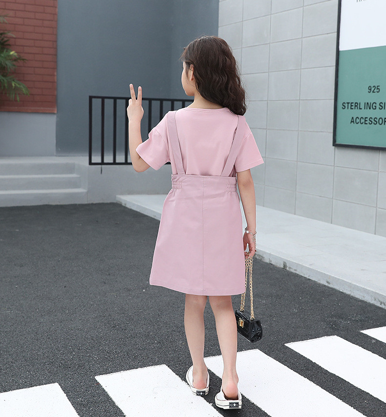 洋湖轩榭 女童夏装套装2021新款韩版儿童跨境衬衫中大童时尚背带裙两件套潮