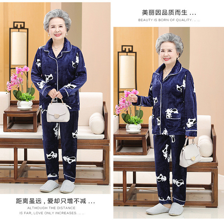 洋湖轩榭 中老年人睡衣女春秋季法兰绒奶奶家居服60岁70妈妈老人珊瑚绒套装