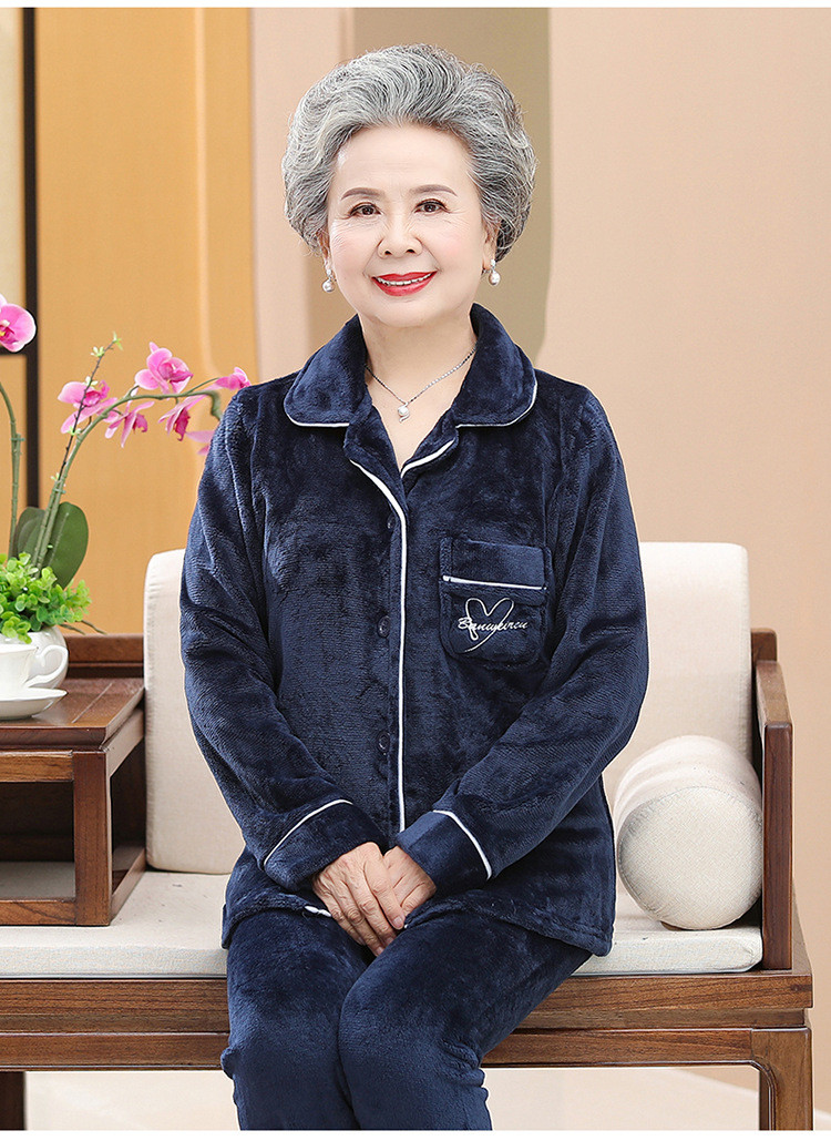 洋湖轩榭 中老年人睡衣女春秋季法兰绒奶奶家居服60岁70妈妈老人珊瑚绒套装