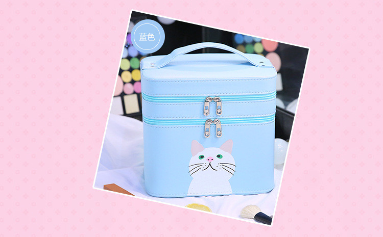 小童马 手提大容量双层化妆箱 韩版可爱小猫化妆品收纳箱旅行便携化妆包