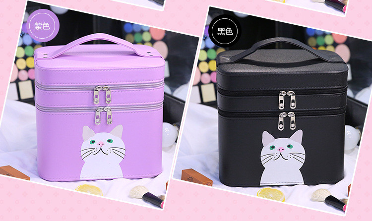 小童马 手提大容量双层化妆箱 韩版可爱小猫化妆品收纳箱旅行便携化妆包