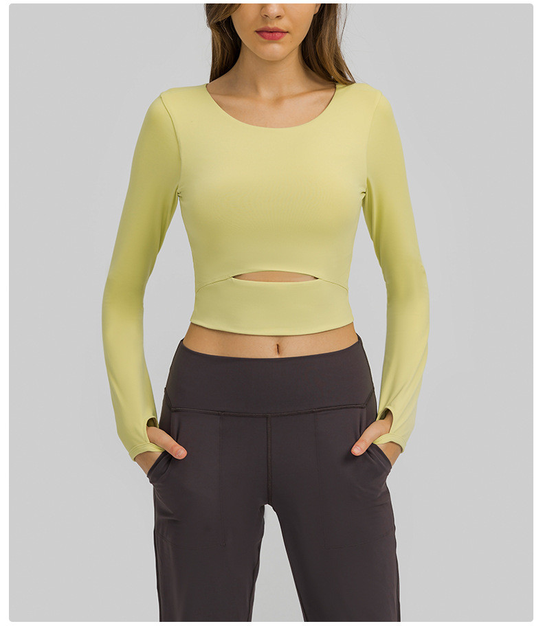 施悦名 2021欧美新款含胸垫运动长袖T恤 半截短款户外跑步修身瑜伽上衣女