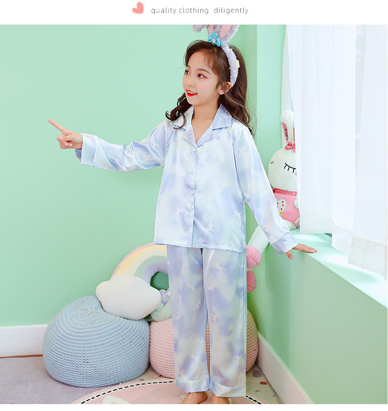 洋湖轩榭 儿童家居服经典翻领套装2021春夏季新款女童睡衣中大童长袖空调服