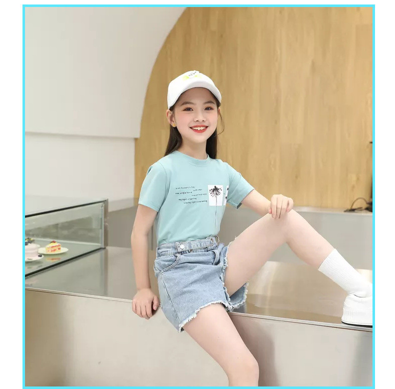 洋湖轩榭 夏季时尚套装女孩童装2021新款学生韩版高腰牛仔短裤休闲两件套