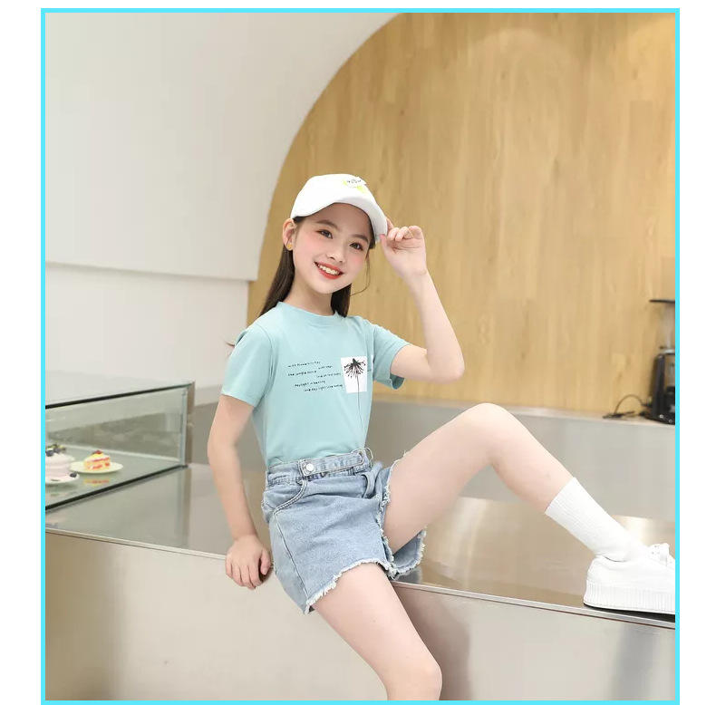 洋湖轩榭 夏季时尚套装女孩童装2021新款学生韩版高腰牛仔短裤休闲两件套