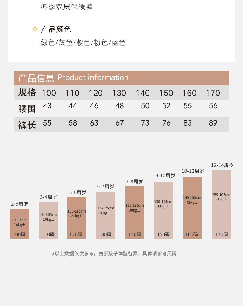 洋湖轩榭 儿童双层保暖裤加绒男童羊毛拉架棉裤女童加厚内穿保暖秋衣秋裤