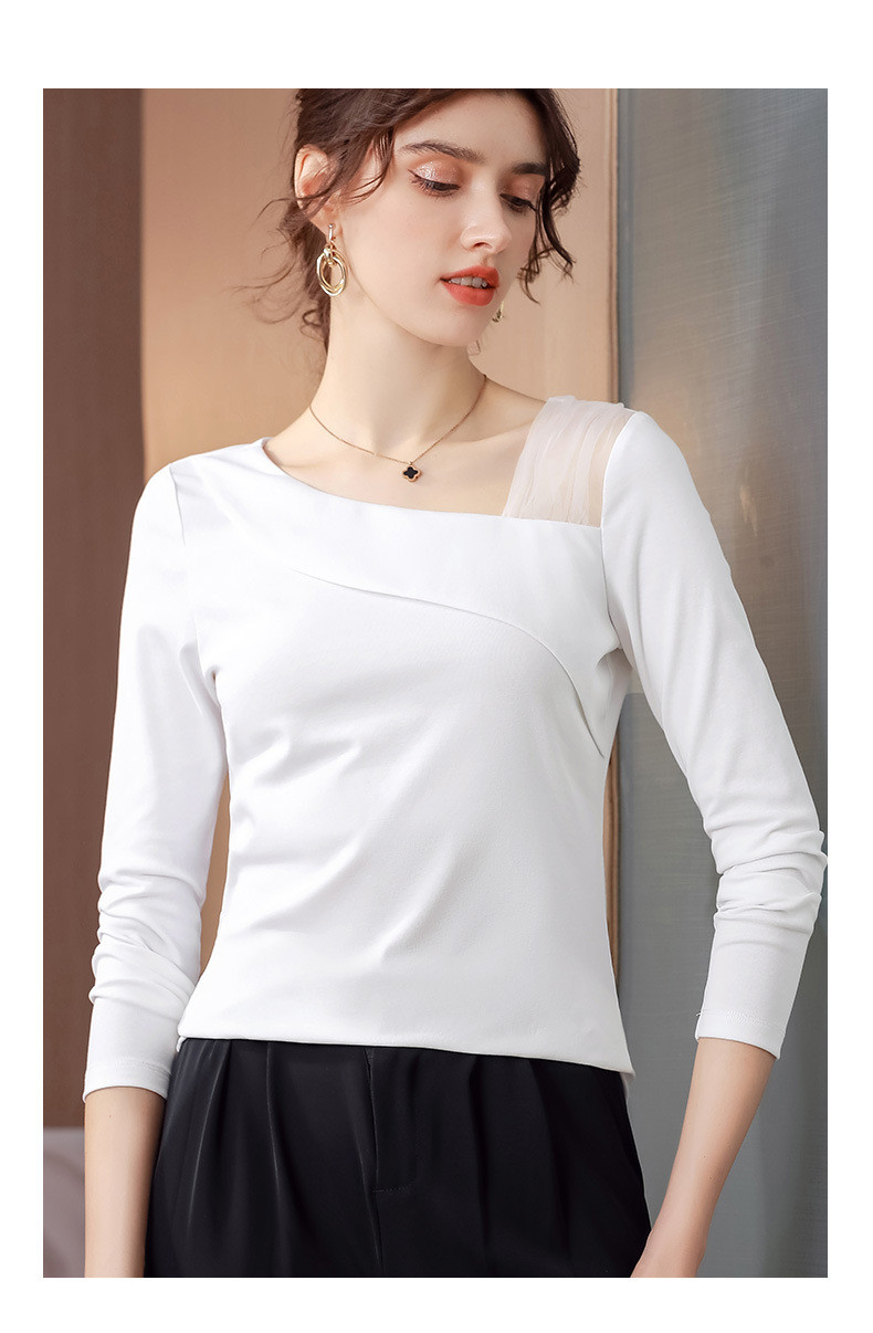 施悦名 t恤女长袖打底衫韩版女装2021新款网纱拼接棉体恤气质斜v领上衣