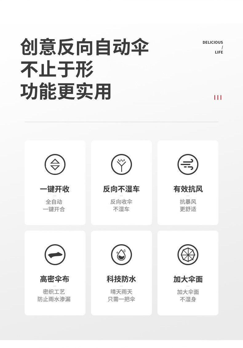 汤河店 全自动十骨三折反向伞车载防滴水折叠天使环反光条包边雨伞
