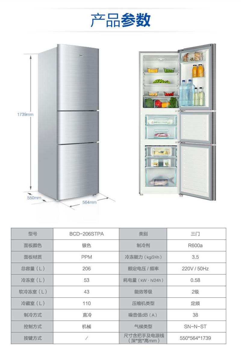 海尔冰箱覆膜高光面板，耐磨性好不退色，不沾油烟不积灰；三门三温区，独立制冷  BCD-206STPA