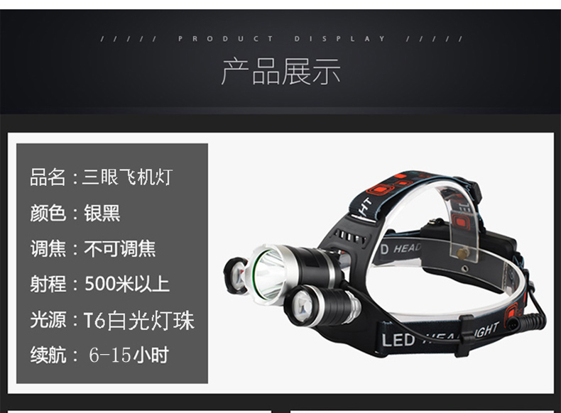 户外头灯 LED旋转调焦款头灯户外野营头灯 露营开关灯 充电强光头灯