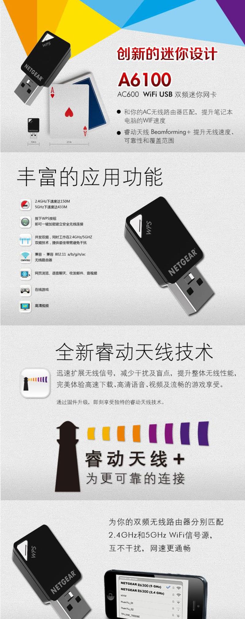 美国网件（NETGEAR） A6100 AC600 双频无线迷你网卡