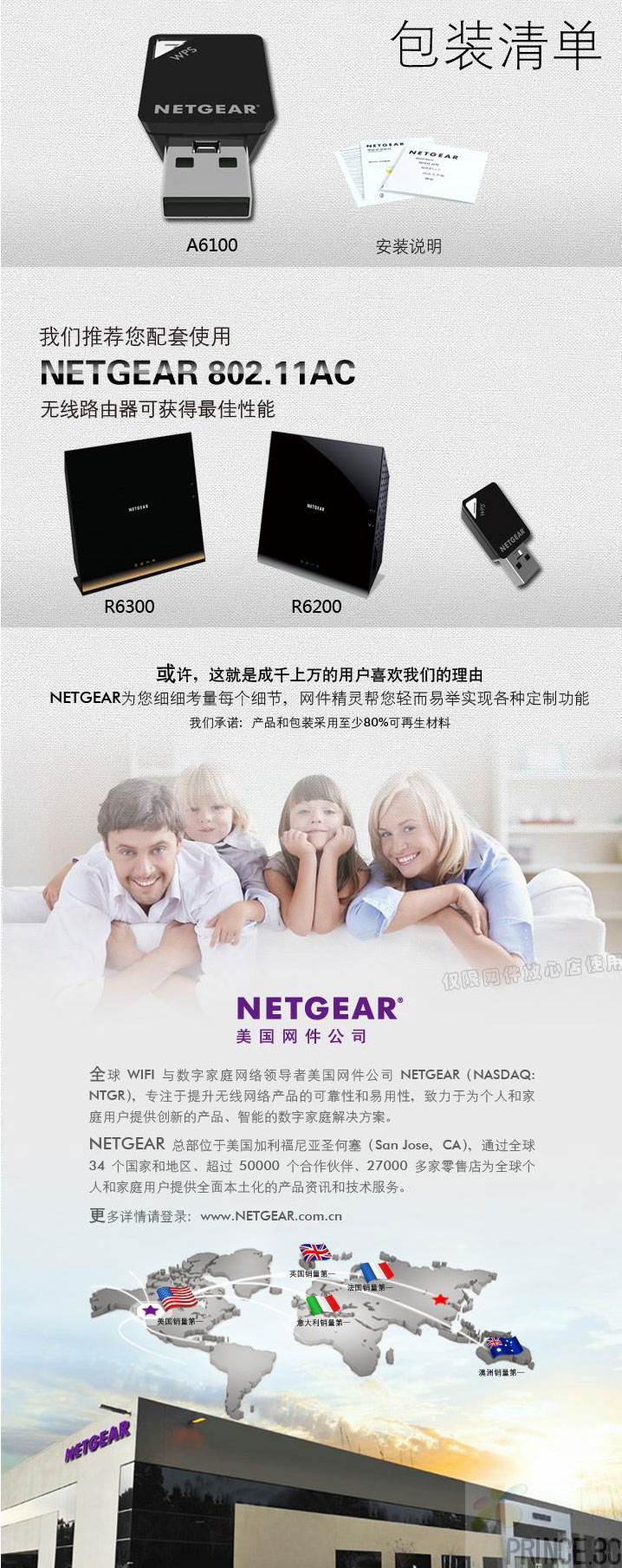 美国网件（NETGEAR） A6100 AC600 双频无线迷你网卡