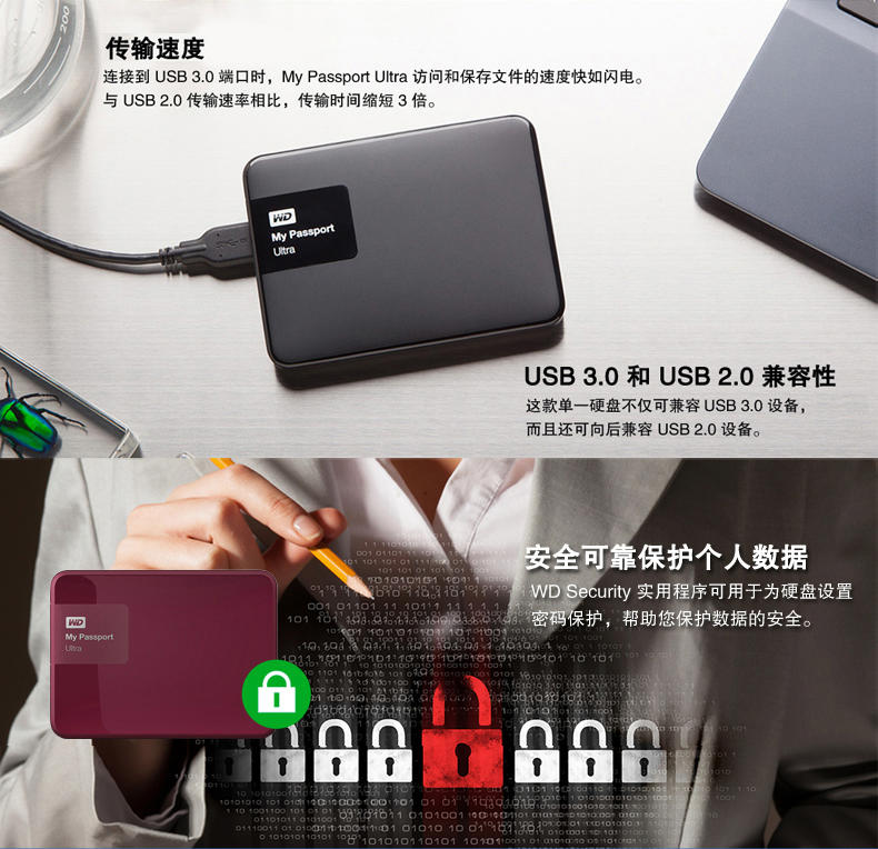 WD/西部数据MyPassport Ultra500g移动硬盘超薄加密2.5英寸USB3.0