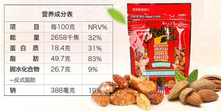 美国进口Fisher纷时乐美式蜂蜜烤什锦坚果仁 130g