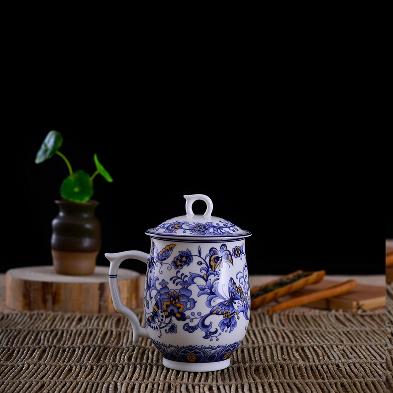 瓷拍 景德镇陶瓷骨瓷水杯瑞祥单层茶杯带盖有手柄锦盒装礼品