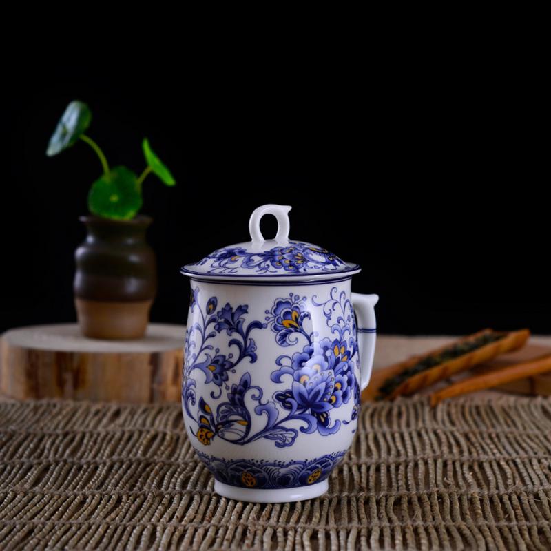 瓷拍 景德镇陶瓷骨瓷水杯瑞祥单层茶杯带盖有手柄锦盒装礼品