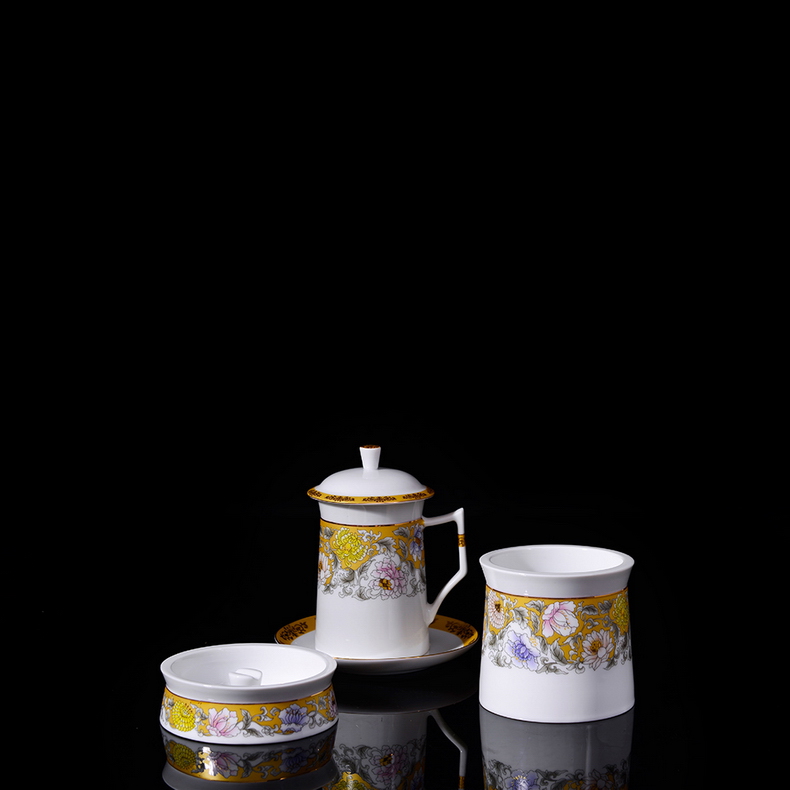 瓷拍 景德镇陶瓷办公会议用瓷4件套装含笔筒茶杯烟灰缸花开富贵春