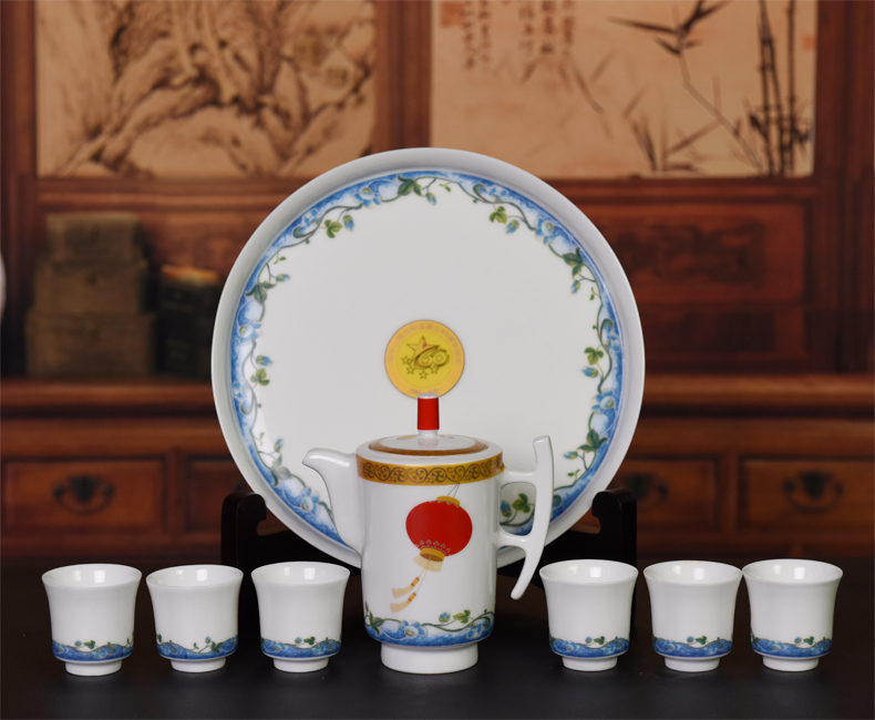 瓷拍 景德镇陶瓷功夫茶具套装建国60周年纪念 茶壶茶杯 茶盘托盘