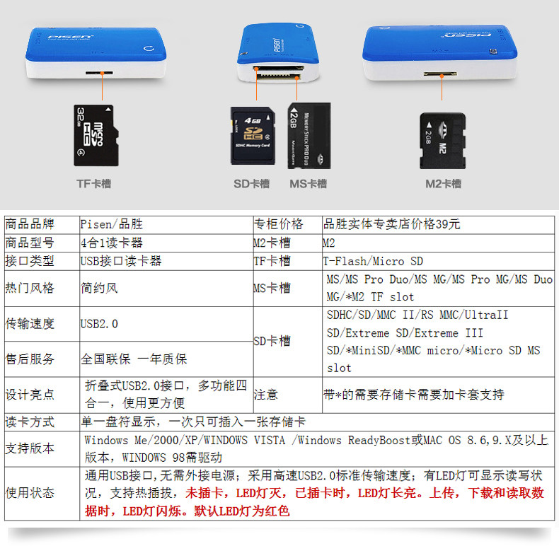 品胜四合一迷你多功能读卡器高速TF/M2/MS/SD卡