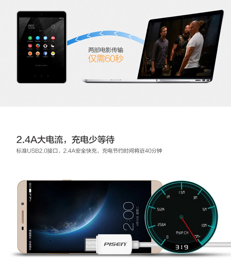 品胜type-c数据线usb乐视1S小米4c魅族Pro5充电线