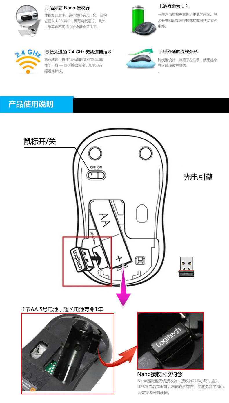 罗技 M186无线鼠标家用办公鼠标笔记本USB光电鼠标