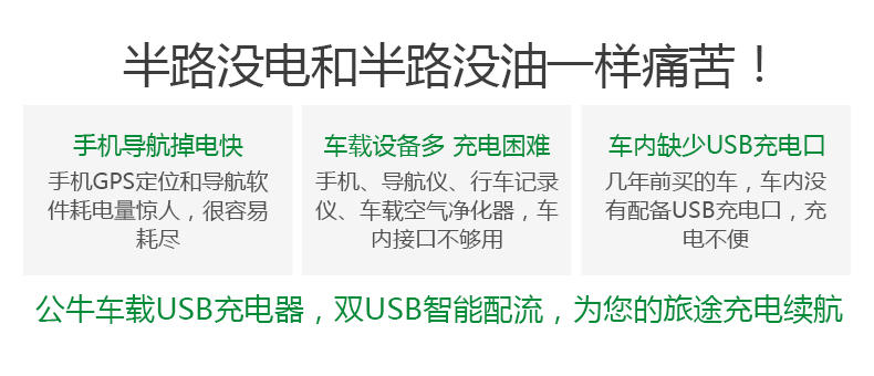 公牛/BULL 车载充电器 汽车点烟器式车充双USB智能快充头多功能一拖二